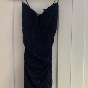 Windsor Blue Ruched Spaghetti Strap Midi Dress